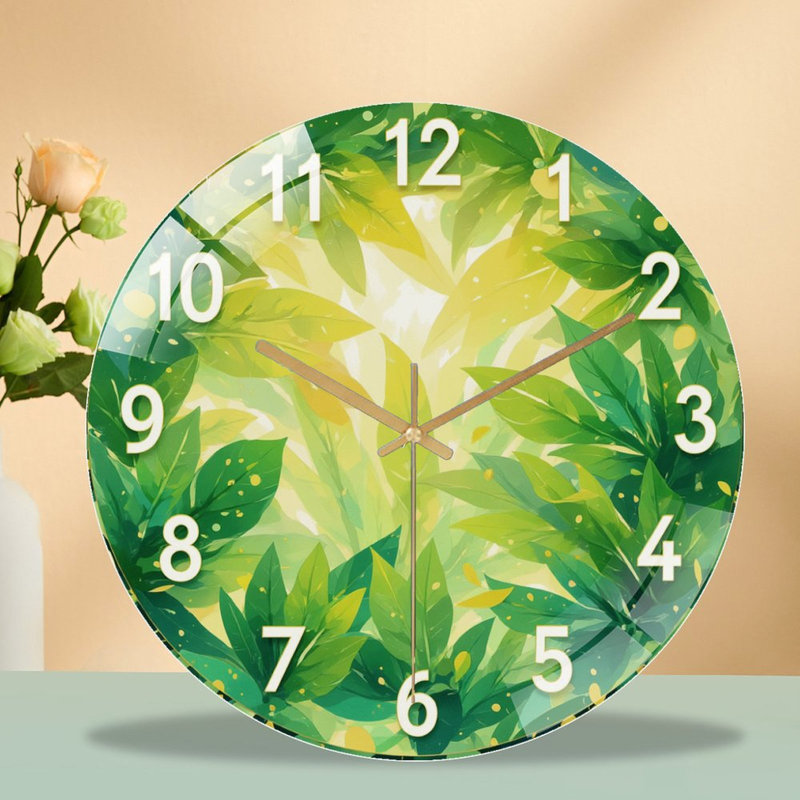 Horloge, chiffres sur fond de feuilles - Horloge murale moderne en verre 12 po