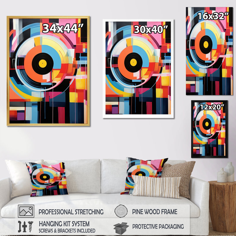 Popart, disque vinyle Reverie I sur toile, H 44 po x l 34 po x P 1,5 po, Cadre simple noir