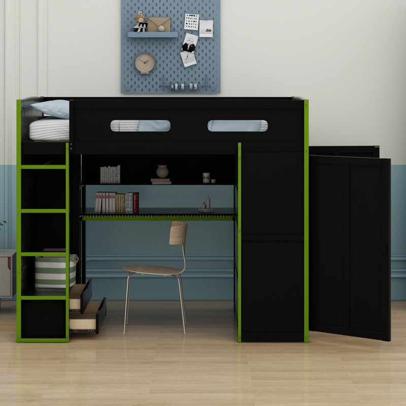 Wood Loft Bed With Desk,Wardrobe,Ample Storage Space,And RGB LED Light, Green