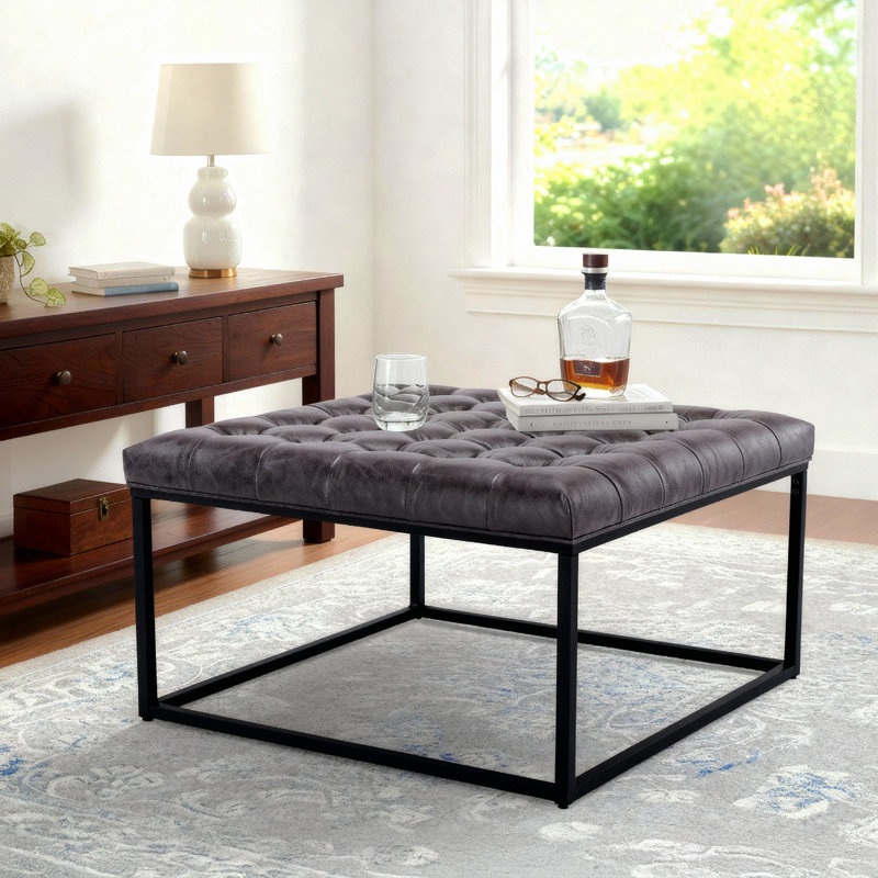 Repose-pieds capitonné en métal de 28 po avec plusieurs options de tissu, Similicuir gris foncé