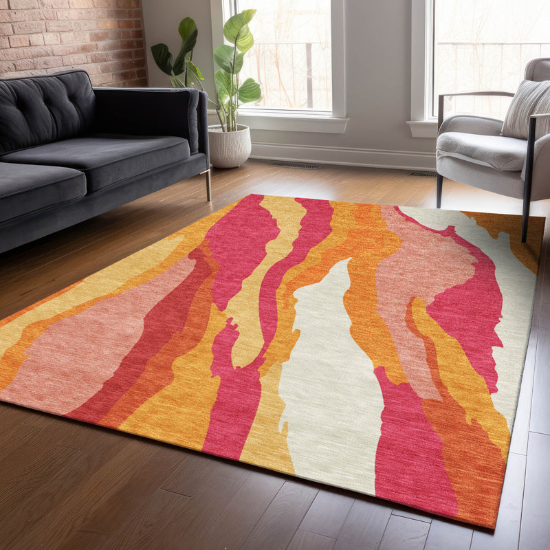 Blush and Orange Synthetic Washable Area Rug