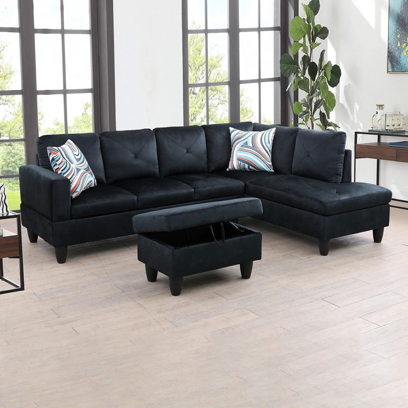 Canapé modulaire en flanelle 3 pièces, Tissu bleu minuit, Orienté à droite