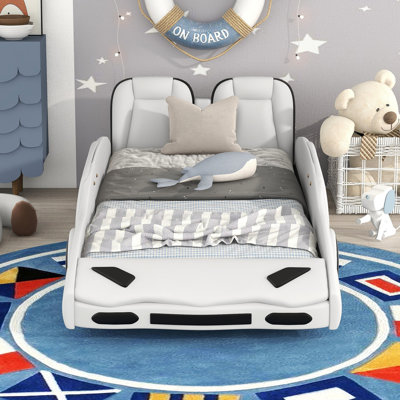 Twin Size Race Car-shaped Bed With Wheels In White - Comfortable And Modern Bedroom Furniture Bed, Secure Sleeping Spot