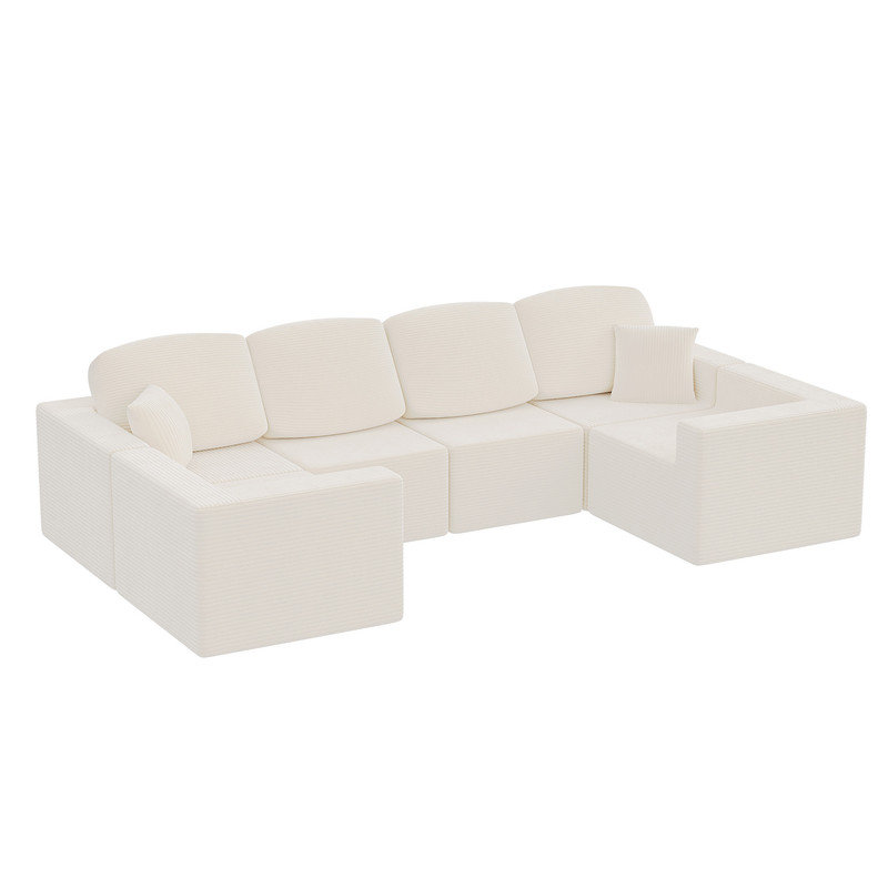 Boneless L-Shaped Modular Sectional Couch, Cloud U-Shaped Sectional Sofa with Wide Armrest, Beige Corduroy