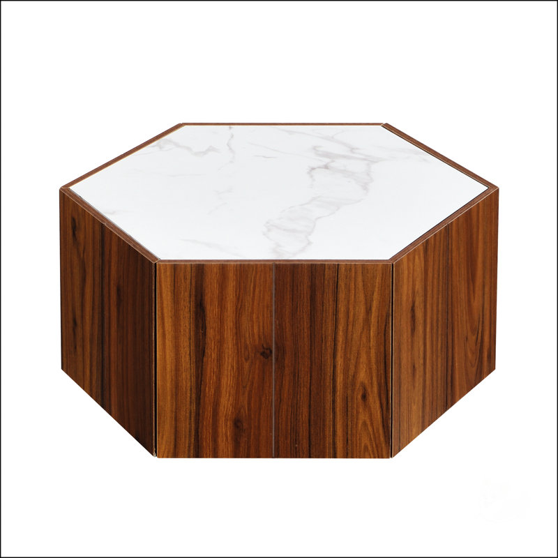 Table basse hexagonale en bois rustique rétro, Noyer, Blanc