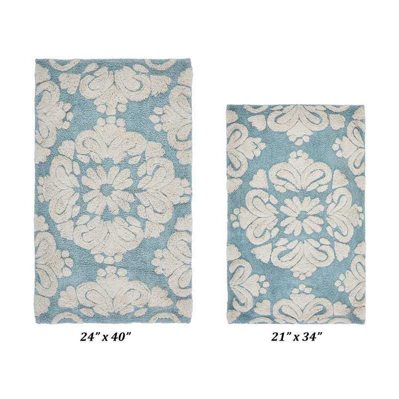 Ensemble de tapis pour salle de bain 2 pièces 100% coton 1885 GSM Chemash, certifié OEKO-TEX®, envers en latex antidérapant, tapis de bain touffetés moelleux pour la douche, la baignoire, le meuble-lavabo et le lavabo double, super absorbant, lavable à la machine, bleu