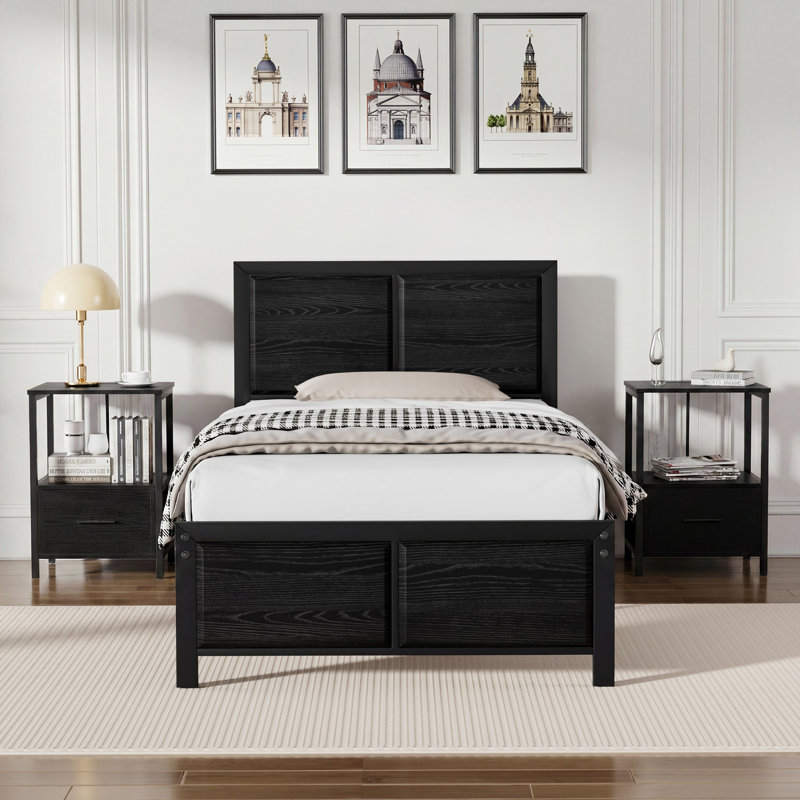 Laurea Steel 3 Piece Bedroom Set, Modern Farmhouse Platform Bed Frame with 2 Nightstands, Rustic White Twin Size Bedroom Furniture Set, No Box Spring Needed