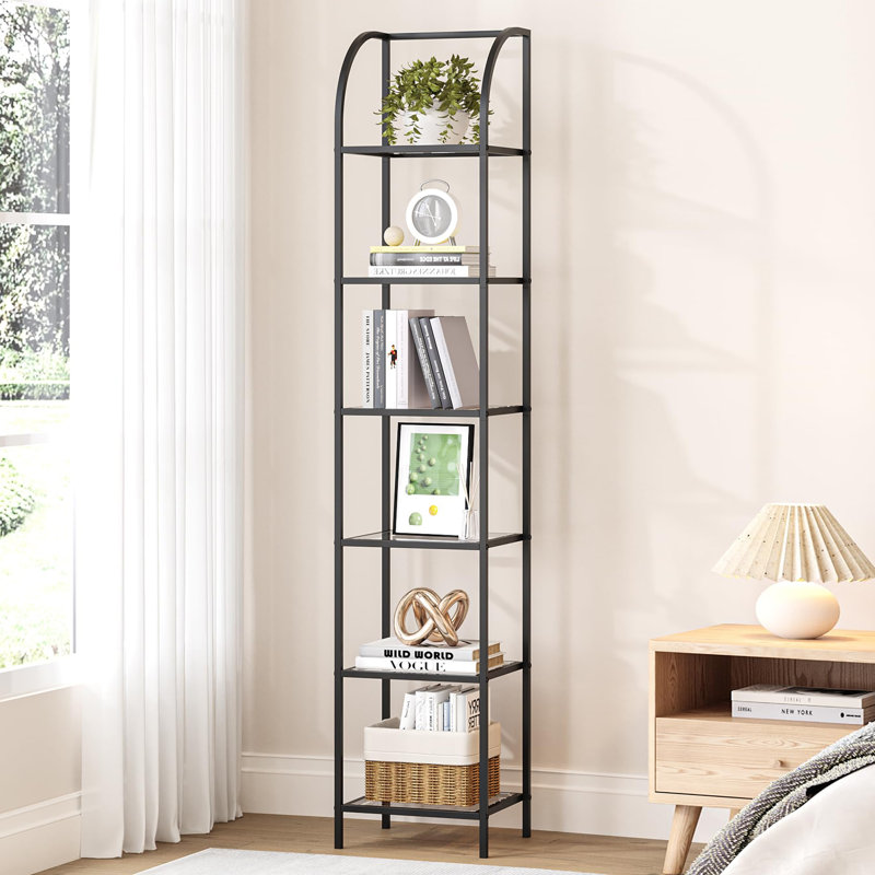 Black Tempered Glass 6-Tier Arched Bookshelf with Steel Frame