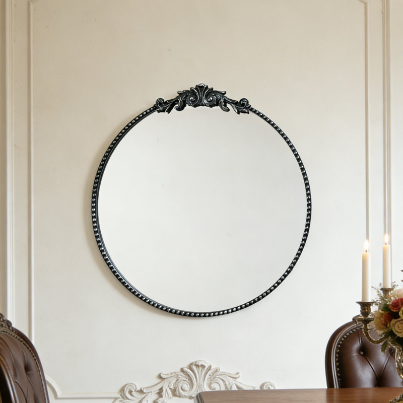 24" Round Black Ornate  Wall Mirror - Gothic Vintage Style Decorative Mirror For Entryway Bedroom Living Room