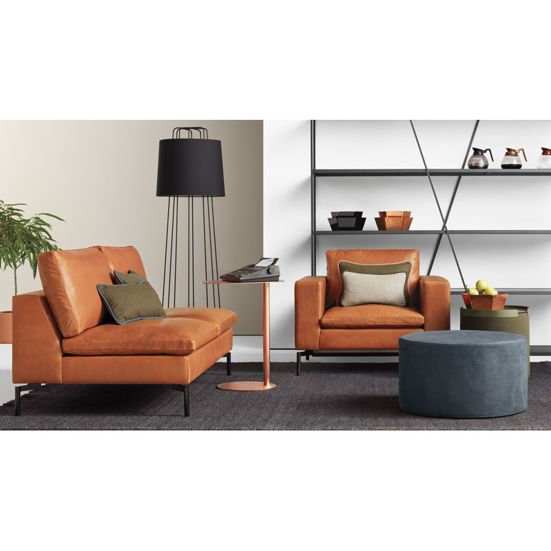 Bumper Round Ottoman, Breezy Blue Genuine Leather