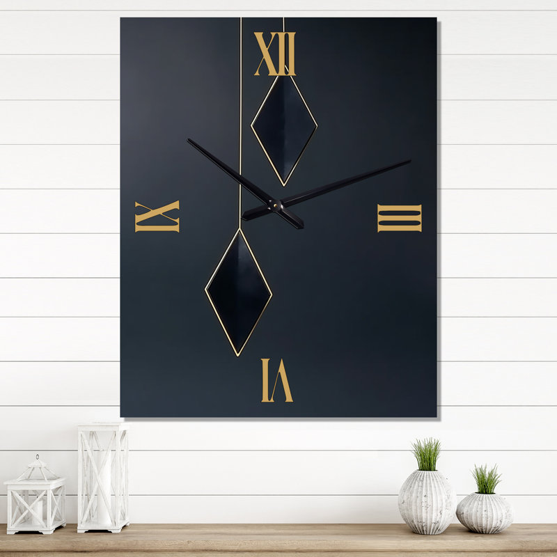 Horloge murale géométrique rétro en bleu et or II, H 32 po x l 16 po x P 1 po