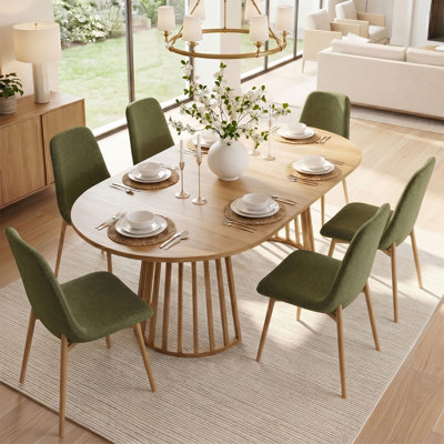 6- Person Dining Table Sets With Extendabe Oval Table & 6 Upholstered Dining Chairs