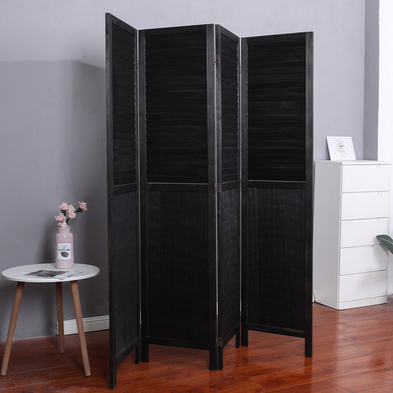 Paravent pliable noir à 4 panneaux, style volet de fenêtre rustique en bois.