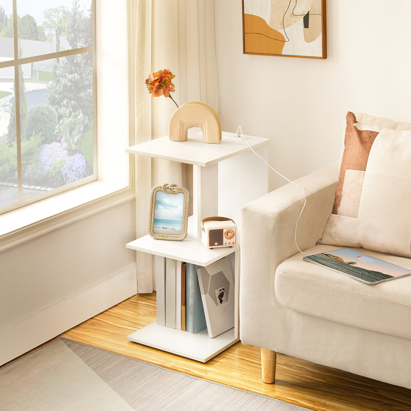 Nikaila 24.4" Tall Narrow End Table with Charging Station and Light, White