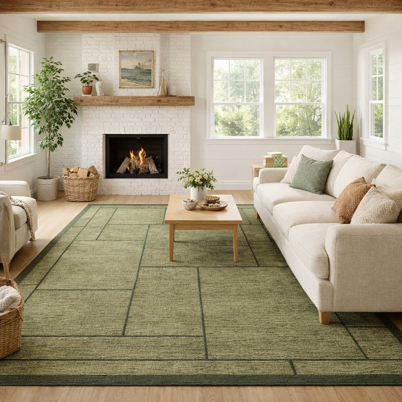 Tapis géométrique lavable pour le salon et la chambre à coucher, Green, Rectangle 9' x 12'