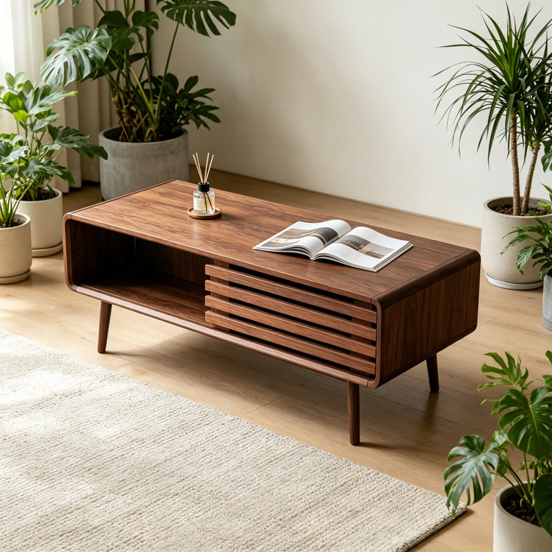 Table basse de style Mid-Century moderne avec porte de rangement à lattes et compartiment ouvert, finition noyer