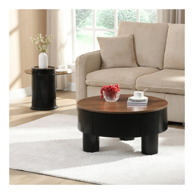 Ensemble de 2 tables basses rondes gigognes, table basse avec tiroir de rangement, centre de table en plastique noir pour le salon