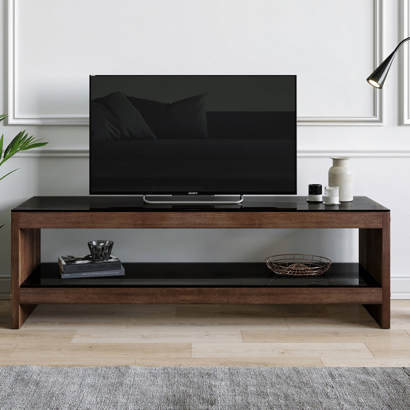 Modern TV Stand with Shelves, Walnut Color, 55.1 x 17.7 x 15.7 inches | 100% Pine Solid Wood & 8 mm Tempered Glass | Wall-Mountable, Stylish Design for Living Room & Entertainment Spaces, Durable and Functional