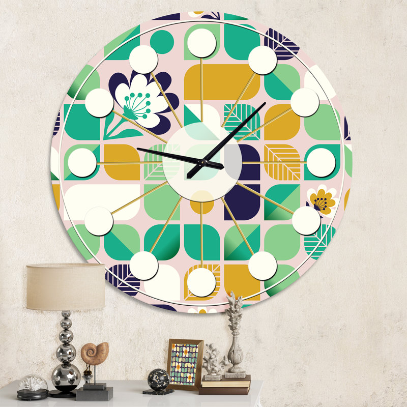 motif géométrique avec feuilles et fleurs - horloge murale moderne Mid-Century, Moyenne