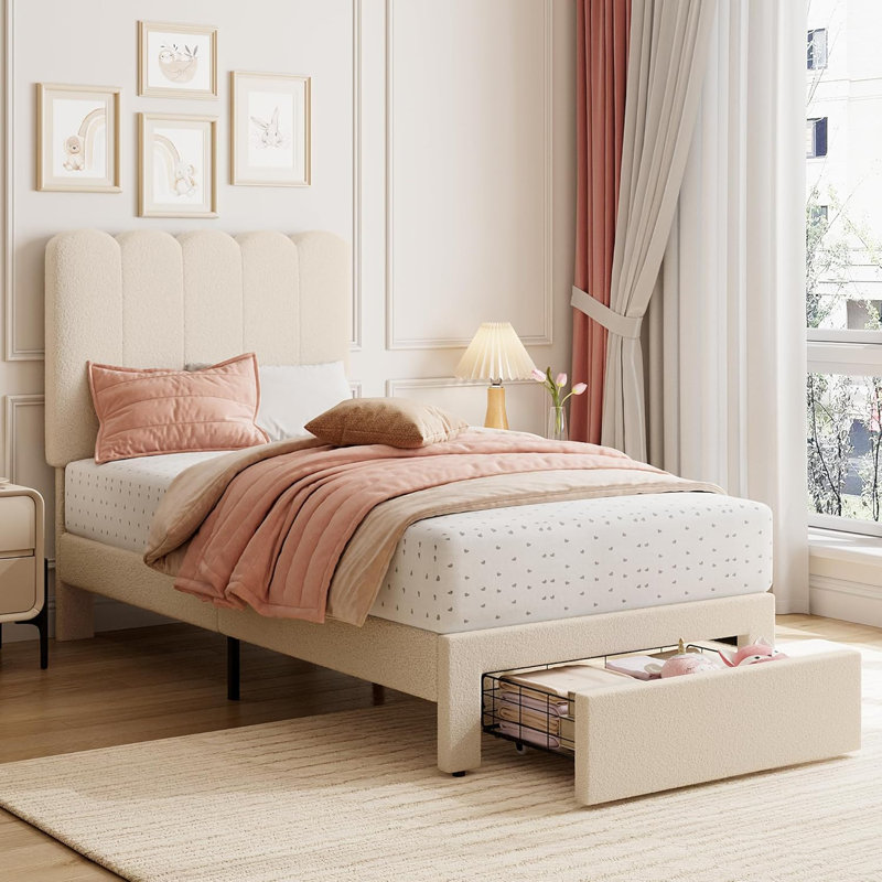 Structure de lit simple avec tiroir sous le lit, lit plateforme tapissier avec tête de lit Wave, Beige
