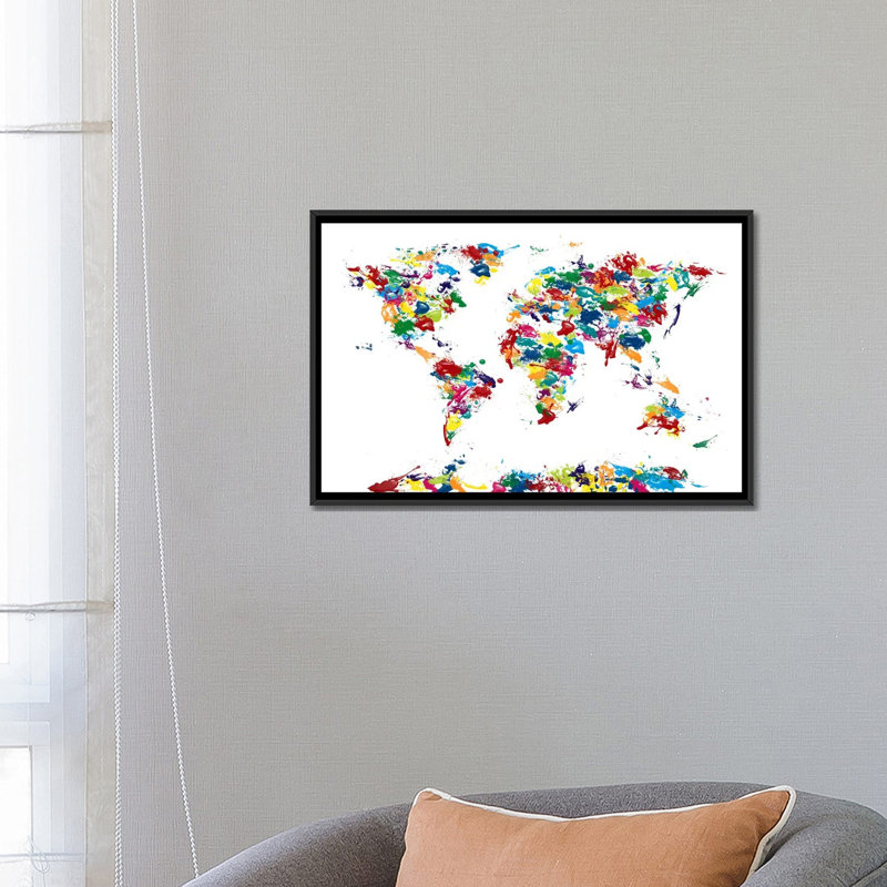 «World Map Paint Drops», impression sur toile, H 18 po x l 26 po x P 1,5 po, Toile avec cadre noir, Pas de tapis