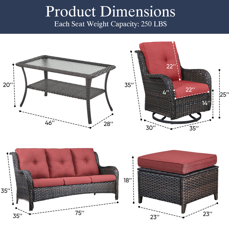 Deeominia 6-Piece All-Weather Wicker Rattan Patio Conversation Set With Swivel Gliders And Ottomans, Red, Brown