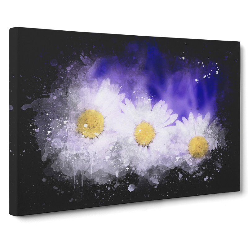 Three White Daisies Paint Splash - Wrapped Canvas Print, 60cm H x 91cm W x 3cm D