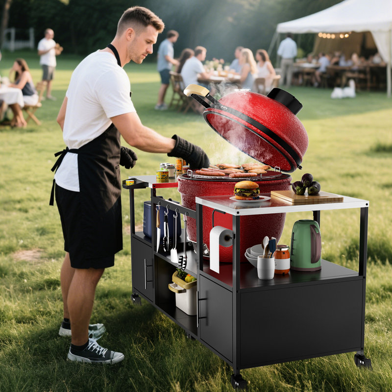 Grill Cart For Big Egg And Jr, Metal Construction, 2 Large Storage Boxes, Open Space, 6 With Brakes, Rod, Spice Rack, Paper Towel Holder, Quick Setup, 31.87 In Height Outdoor Table Compatible Egg,