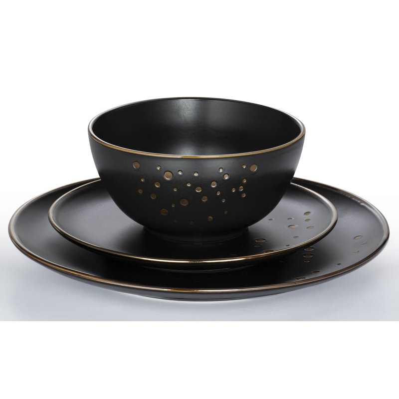 Waterside 12pc Ebony & Gold Stoneware Dinner Set