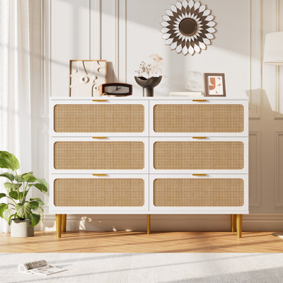 47 INCH White Modern Rattan 6 Drawer Dresser Tall Chest Deep Storage Long Wooden Cabinet