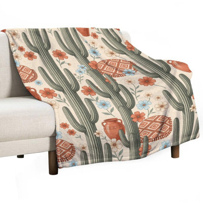 Cactus motif floral de poterie avec jeté en flanelle de luxe géométrique, couverture douce et chaude pour le canapé-lit du salon