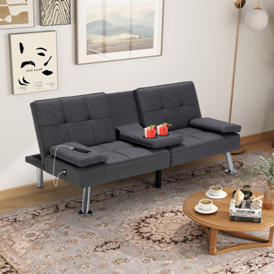 Jamilah 65.4"Wide Modern Upholstered Recilning Convertible Futon Sofa Bed with Console and USB Port