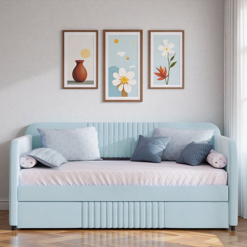 Upholstered Daybed With Trundle And Wood Slat, Light Blue