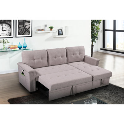 Canapé-lit modulaire réversible avec ports, rangement et lin 84 po gris