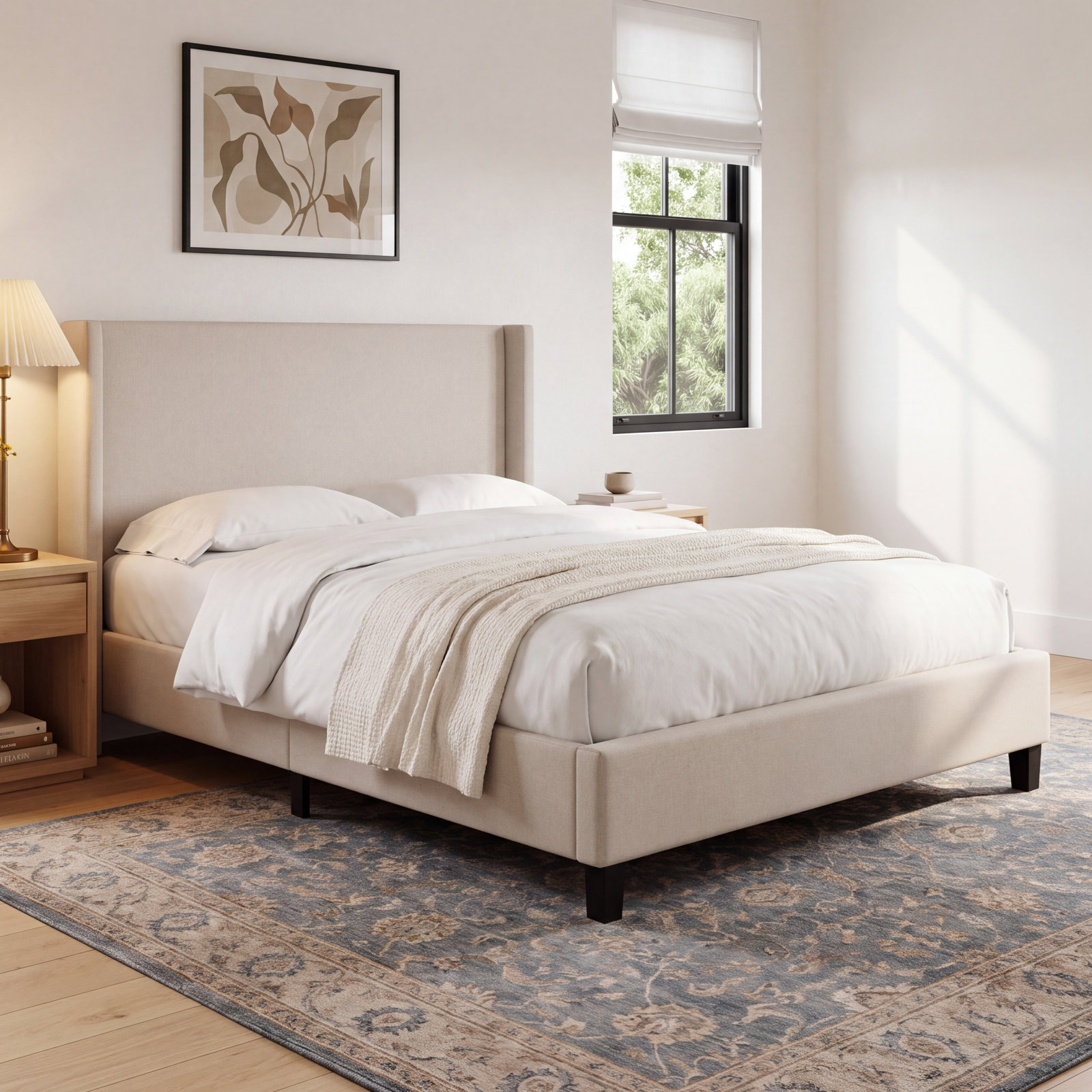 Hanson Upholstered Wingback Platform Bed, King, Zuma Pumice Textured Linen