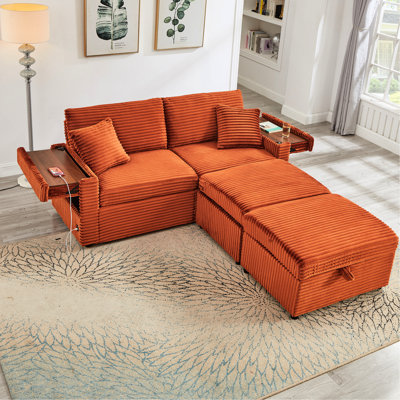 Orange Foam+spring Soft Chaise Lounge With Comfortable Fluffy Corduroy, Double Ottomans, Table Board, Storage Space, Oversized Multifunctional , High - Quality Material, Multi Function Armrest ,