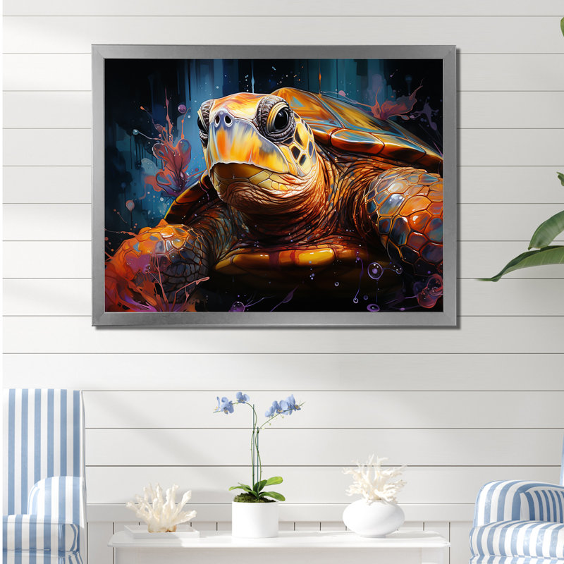 Représentation pop art d'une tortue, Cadre simple argenté, H 30 po x l 40 po x P 1,5 po