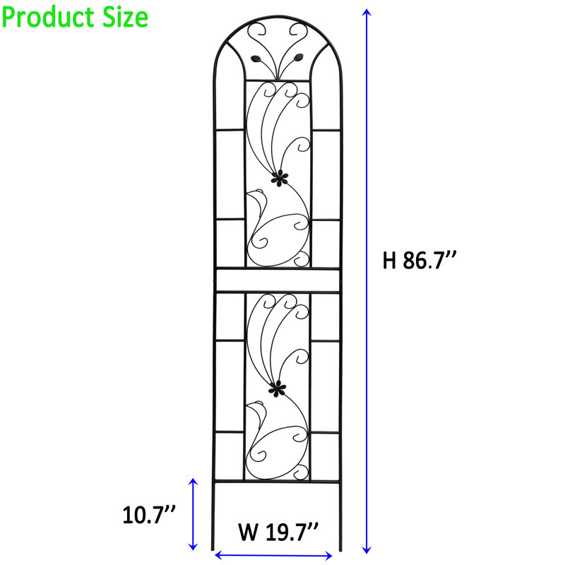 Treillis de jardin en métal 86,7 po x 19,7 po noir antirouille, motif paon pour support de plantes roses