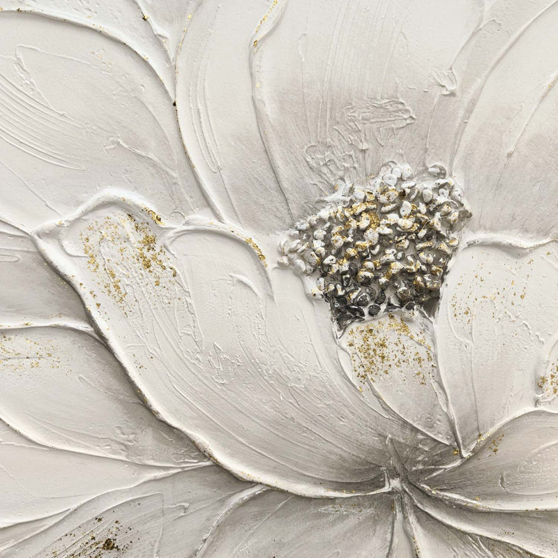 Art mural 24 x 48, fleur de lotus blanc, floral texturé peint à la main avec feuille d'or et centre en pierre, décor neutre encadré