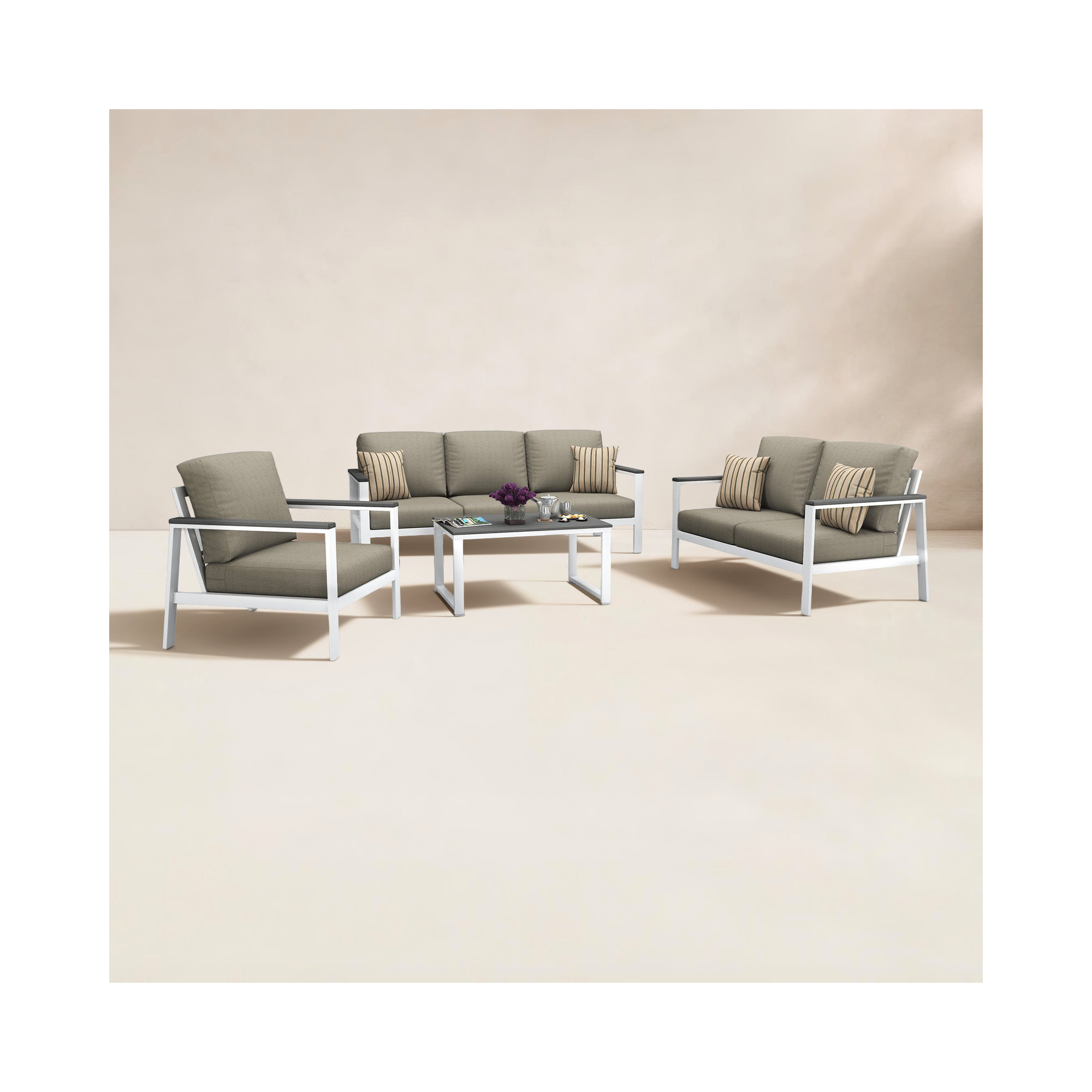 Ronquillo 4 Person Seating Group With Sunbrella Cushions, Spectrum Dove, Gray