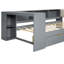Lit plateforme simple en bois avec tête de lit tapissier gris, espace de rangement et tablettes