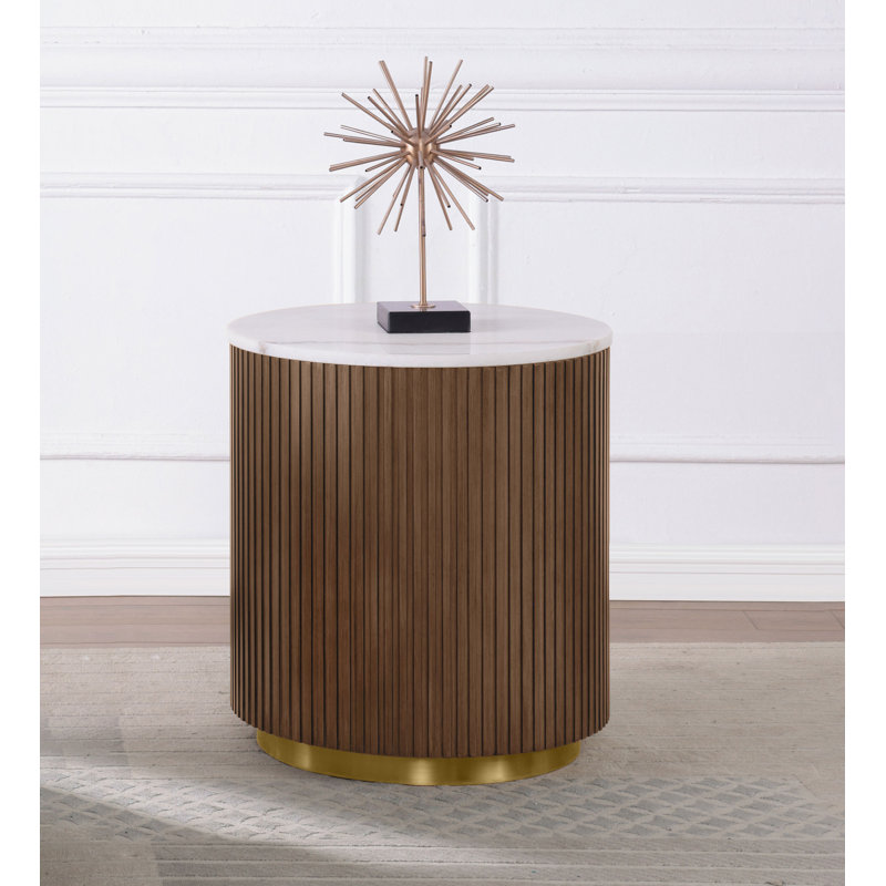 Table de bout contemporaine l 22,4 po, blanc, Honey Brown / White Marble / White, White 