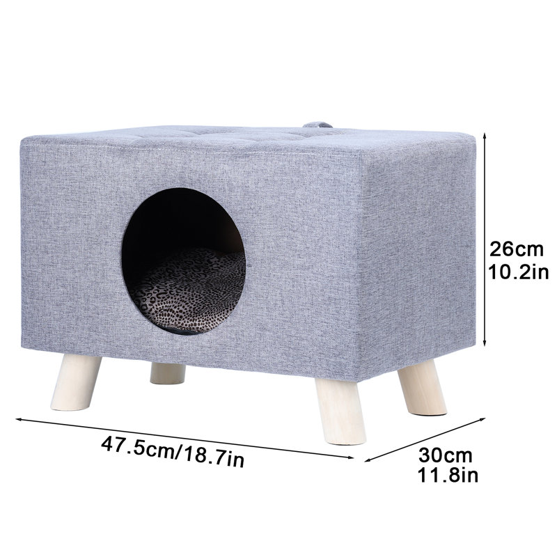 Gray Wood Pet House Bench with Cushion and Mat