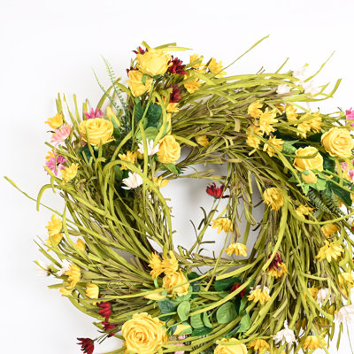 28" Artificial Farmhouse Spring Summer Daisy Rose Floral Wreath For Front Door Greenery Grass Home Wedding Party Wall Decor