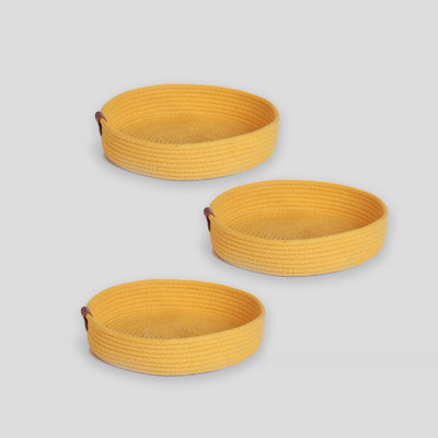 Ensemble de plateaux en coton faits à la main Chong (3 pièces), plateaux décoratifs jaunes, 9,8 x 9,8 x 2,0 pouces | 100% corde de jute de coton, robuste et élégante | Parfait pour la décoration intérieure, l'organisation et le divertissement, polyvalent et fonctionnel