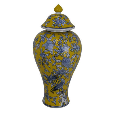 Chris Decorative Jar, Yellow Bird And Floral, Blue Ceramic 20 Inch
