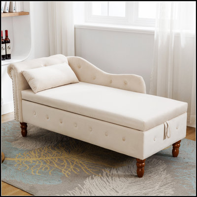 Chaise longue d'intérieur, accoudoir rembourré avec rangement et coussin, garniture cloutée pour une détente luxueuse