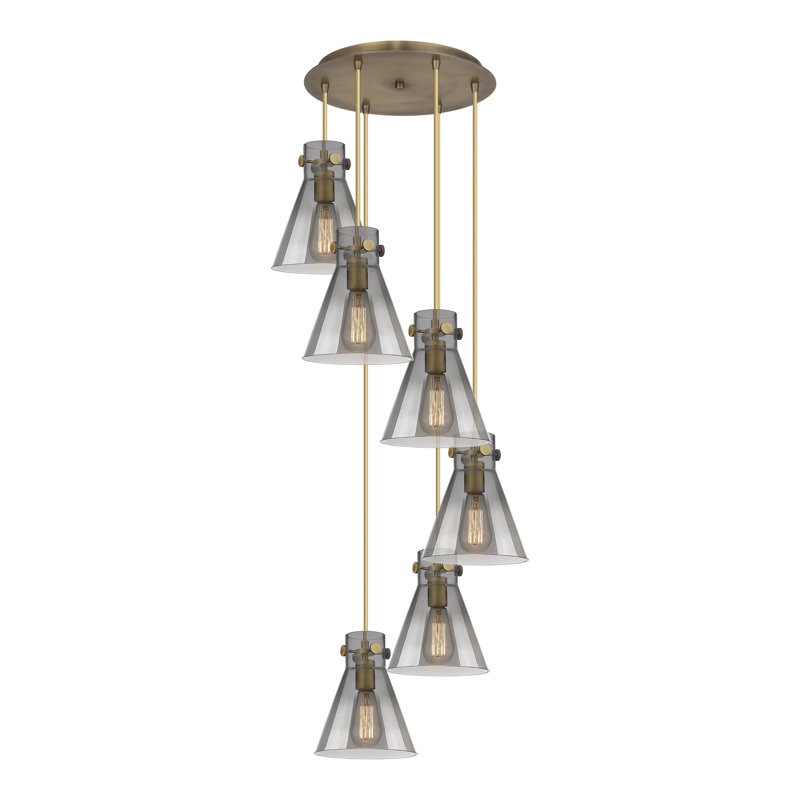 Luminaire suspendu 6 lumières Amrith, Laiton brossé, Gris fumée clair