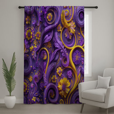 Purple  Swirls Window Curtains, Floral Sheer & Blockout Curtains - 1 Panel