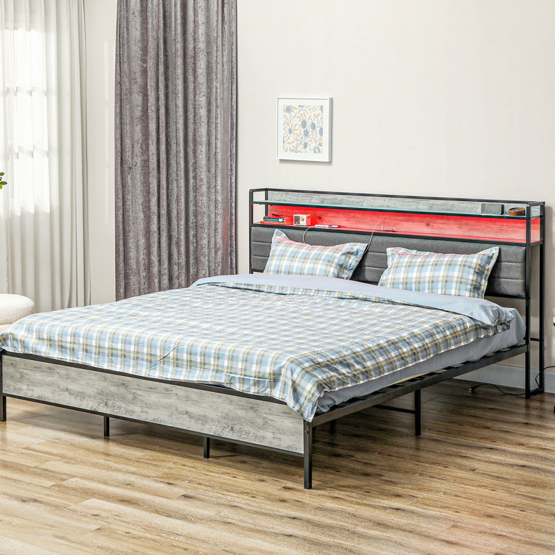 Base de lit très grand avec tête de lit, base de lit tapissier avec lumières DEL, station de charge, lattes en acier, assemblage facile sans bruit, pas de sommier tapissier, gris ciment